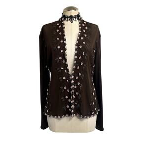 Y2K Embroidered Rose Floral Vine Brown Cottage Fairy Core Coquette Cardigan XL